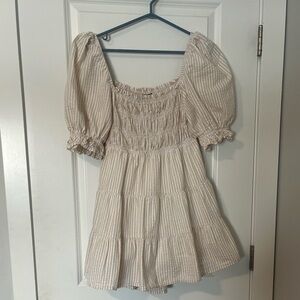 MINKPINK Cream & Beige Striped Puff-Sleeve Smocked Tunic